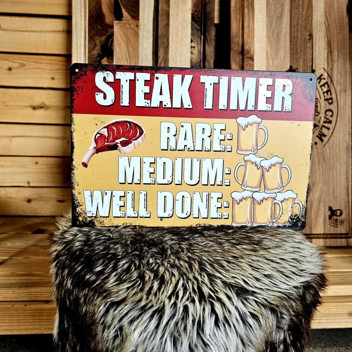 Plåtskylt steak timer – räkna tiden i ölflaskor – Retro Tin sign grillhörnan