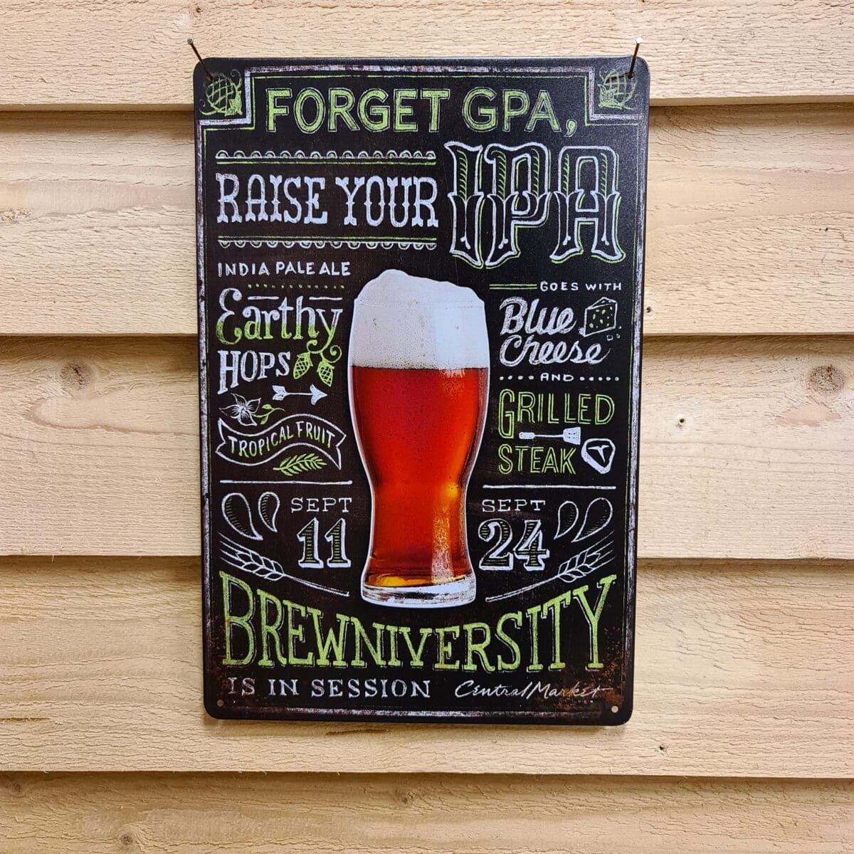 Plåtskylt öl IPA – tin sign med fakta om drycken, för grillhörna och Bar, Mancave